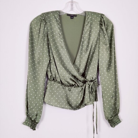 Guess Womens Faux Wrap V-neck Polka Dot Satin Blouse in Green - Picture 1 of 5